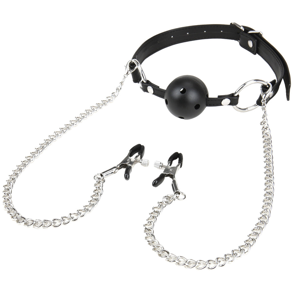 Breathable Ball Gag with Nipple Clamps
